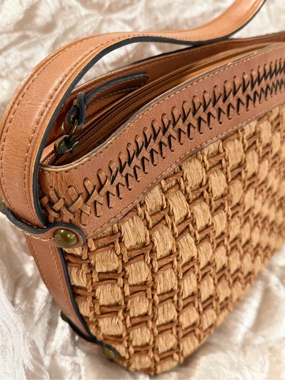 Vintage Fossil Woven Raffia & Leather Shoulder Bag - Brown